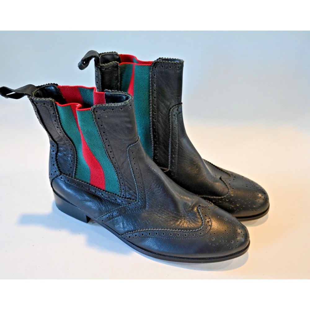 Gucci Web Accent Red Green Stripe Black Wingtip Pull On Ankle Chelsea Boots 40 7